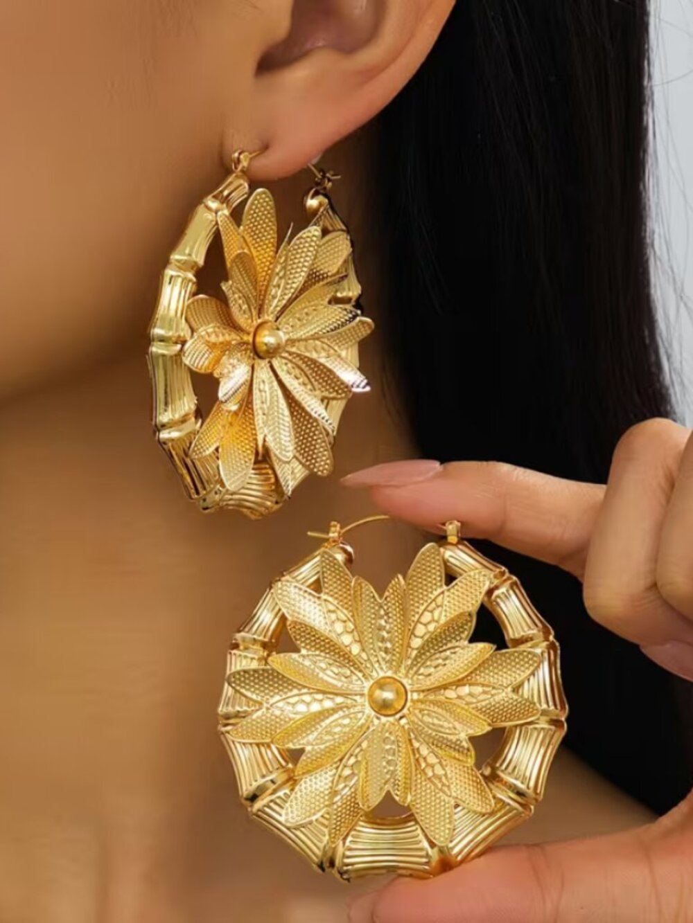14K Gold Womens 2.5" Large Flower Hoop Earrings New 14 K Silver Floral Jewelry